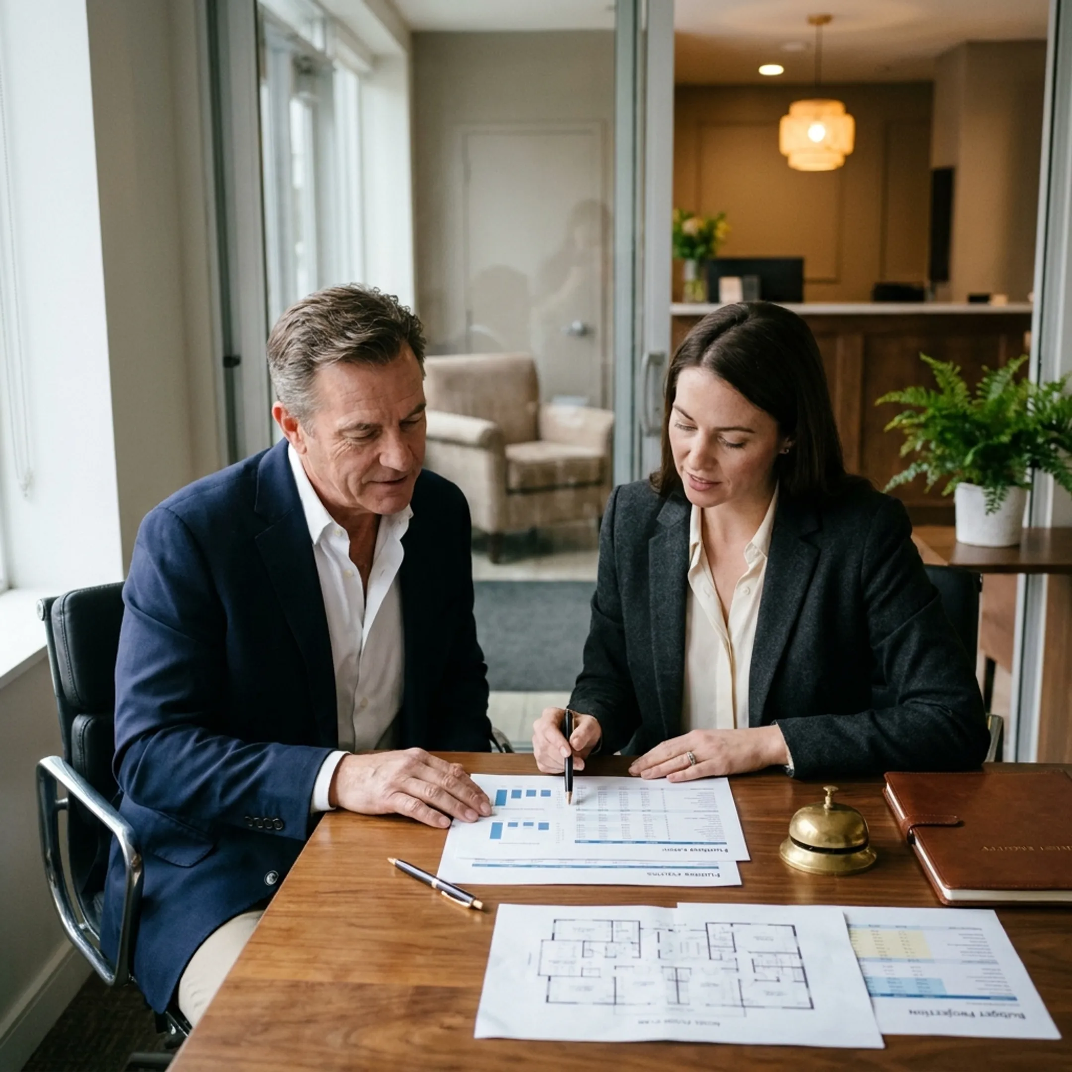 Hotel owner reviewing business financing documents with an advisor