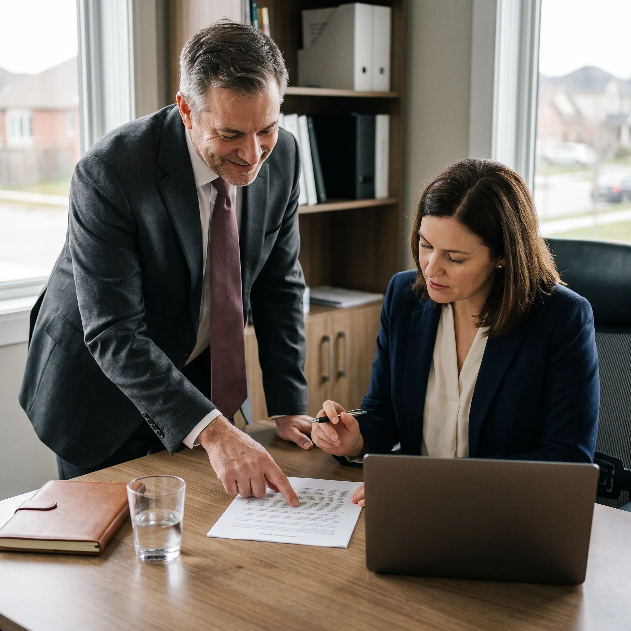 Funeral home owner reviewing business financing documents with an advisor