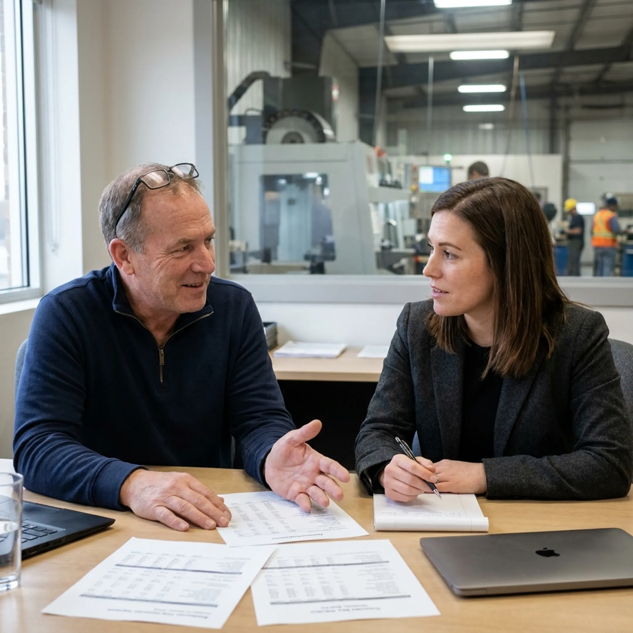 Manufacturing owner discussing working capital options with financial advisor