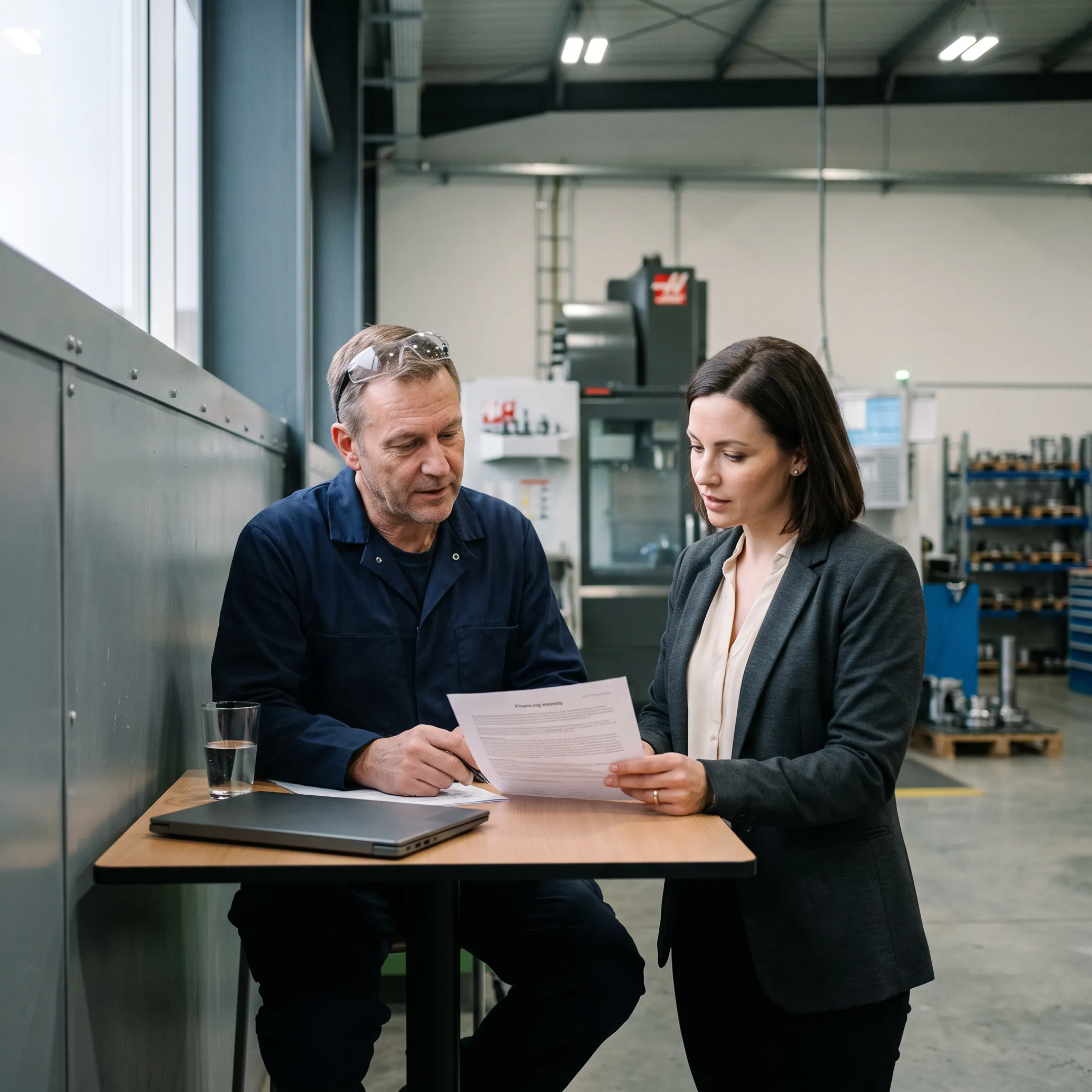 Manufacturing manager reviewing financing documents beside production equipment