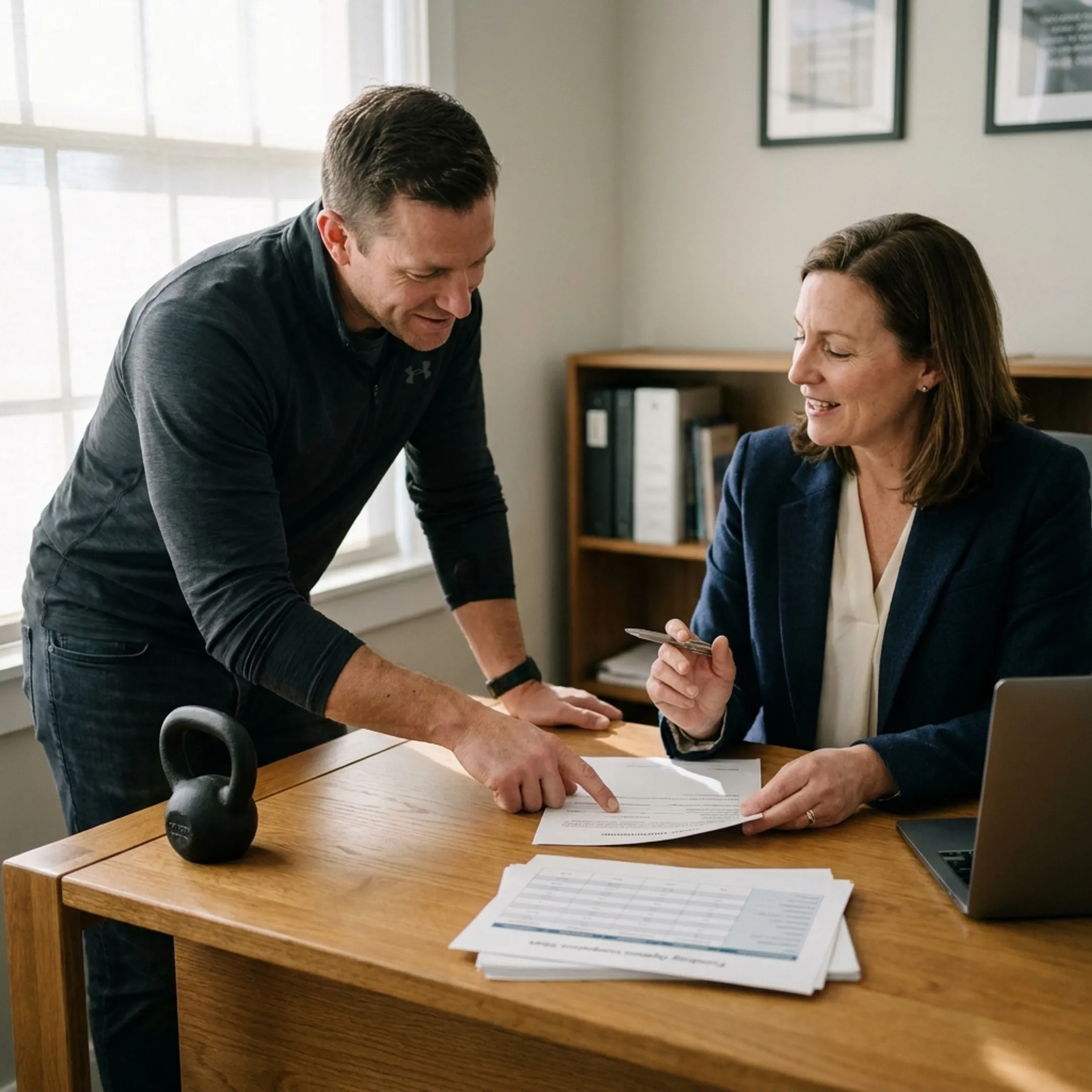 Gym owner discussing funding options with a business financing advisor