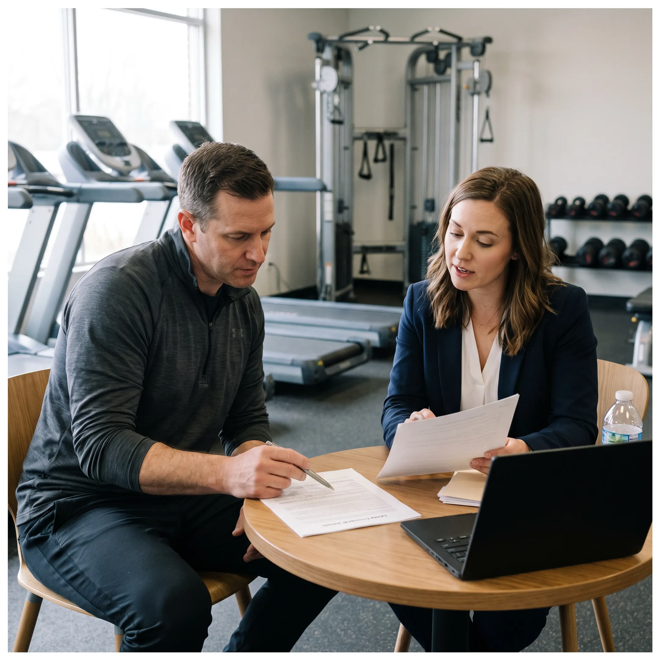 Gym owner reviewing business financing documents beside commercial fitness equipment