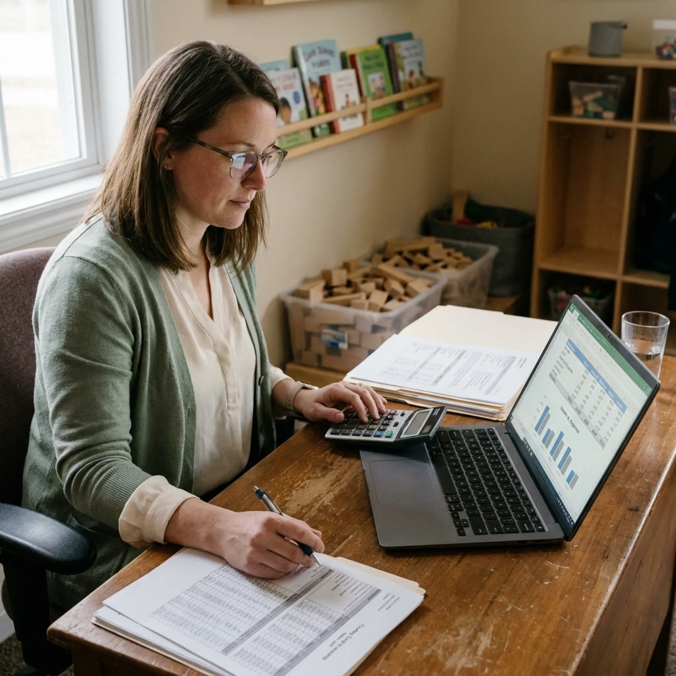 Daycare owner planning business finances with a laptop and documents