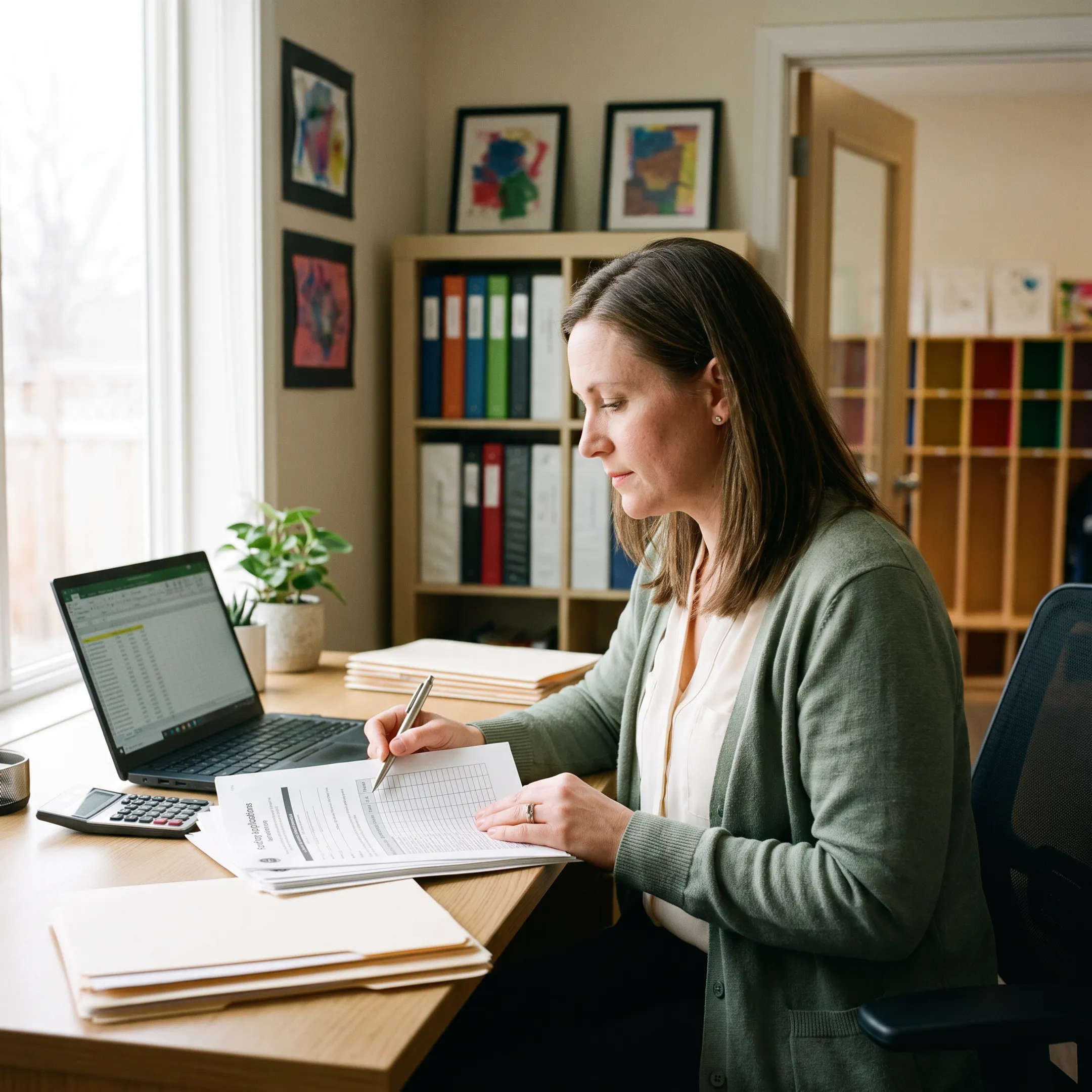 Child care business owner reviewing financing documents at a daycare office