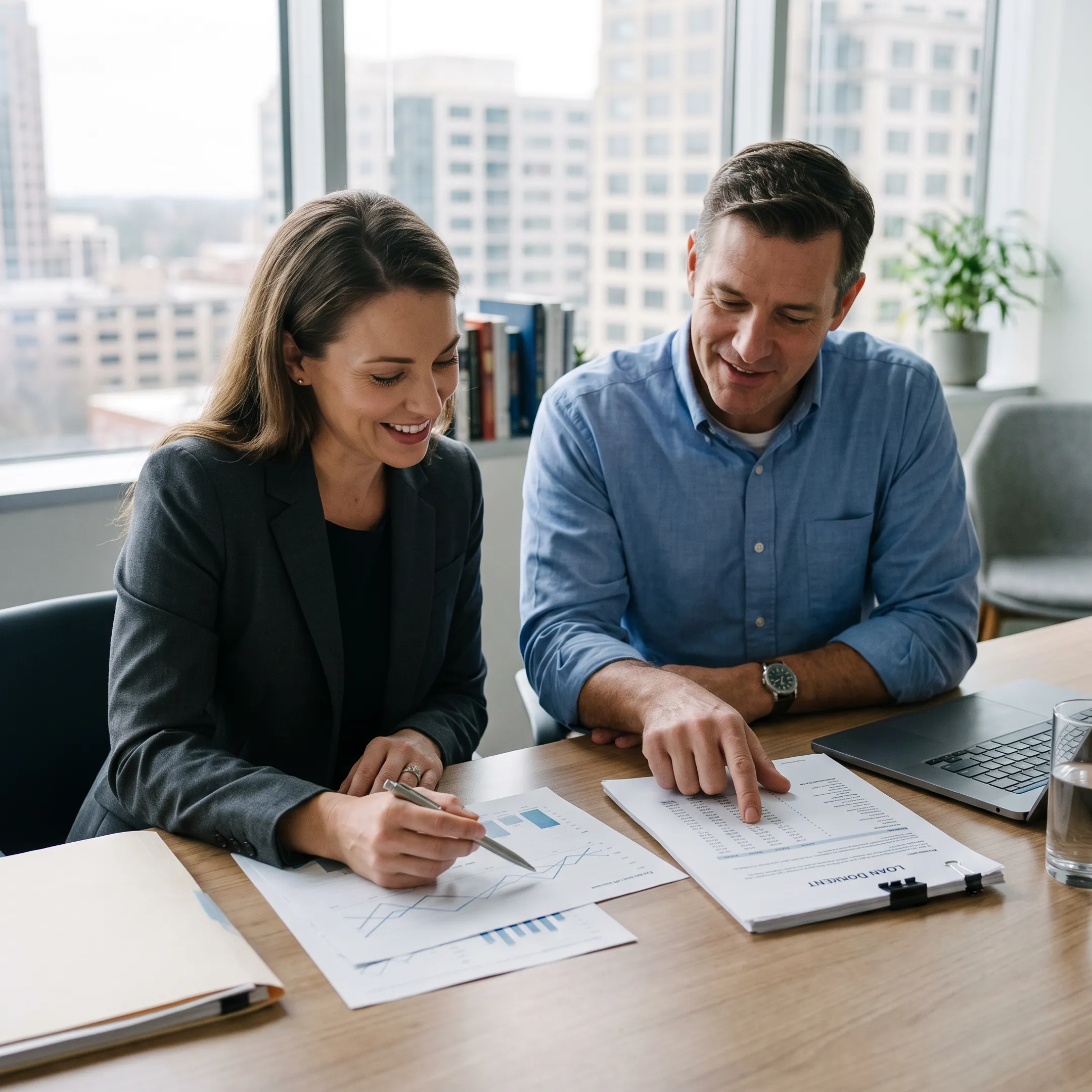 Business owner reviewing financing options with an advisor in a bright Atlanta office