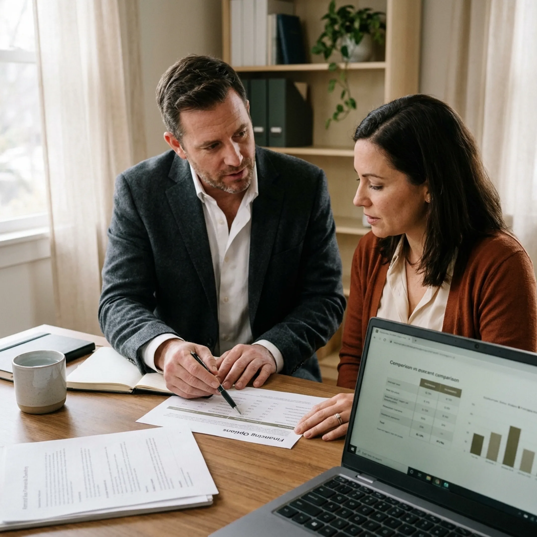 Advisor explaining business financing choices to a small business owner