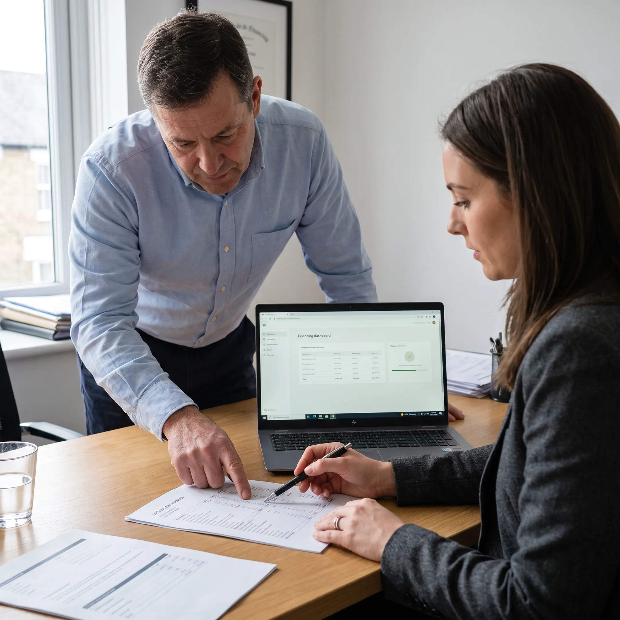 Business owner reviewing financing options with an advisor in a professional office