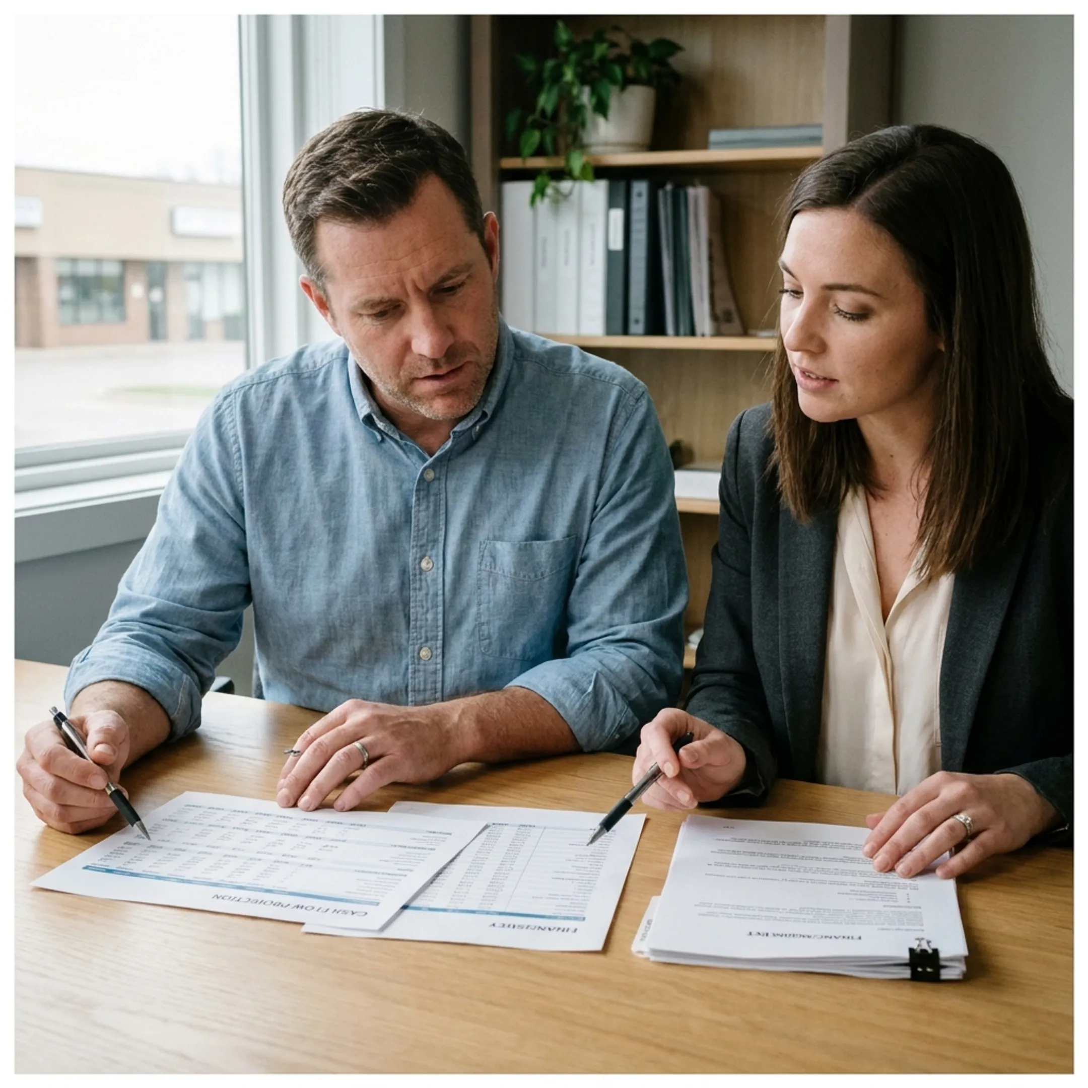 Texas business owner planning cash flow with financing documents