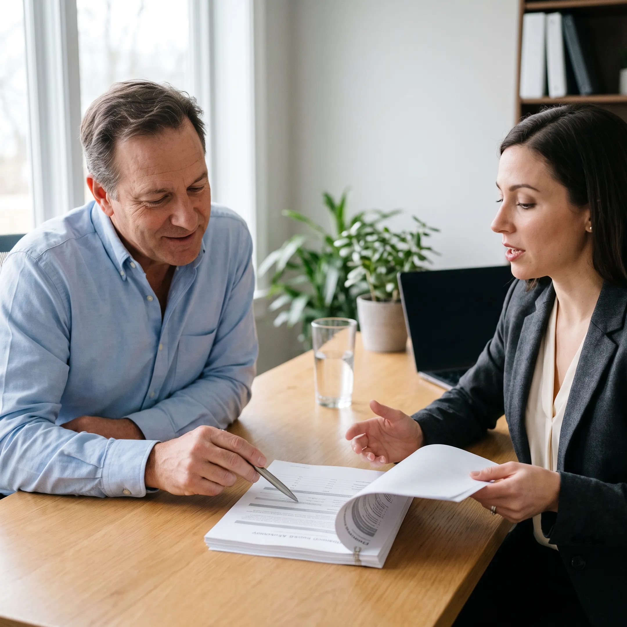 Business owner reviewing financing documents with an advisor