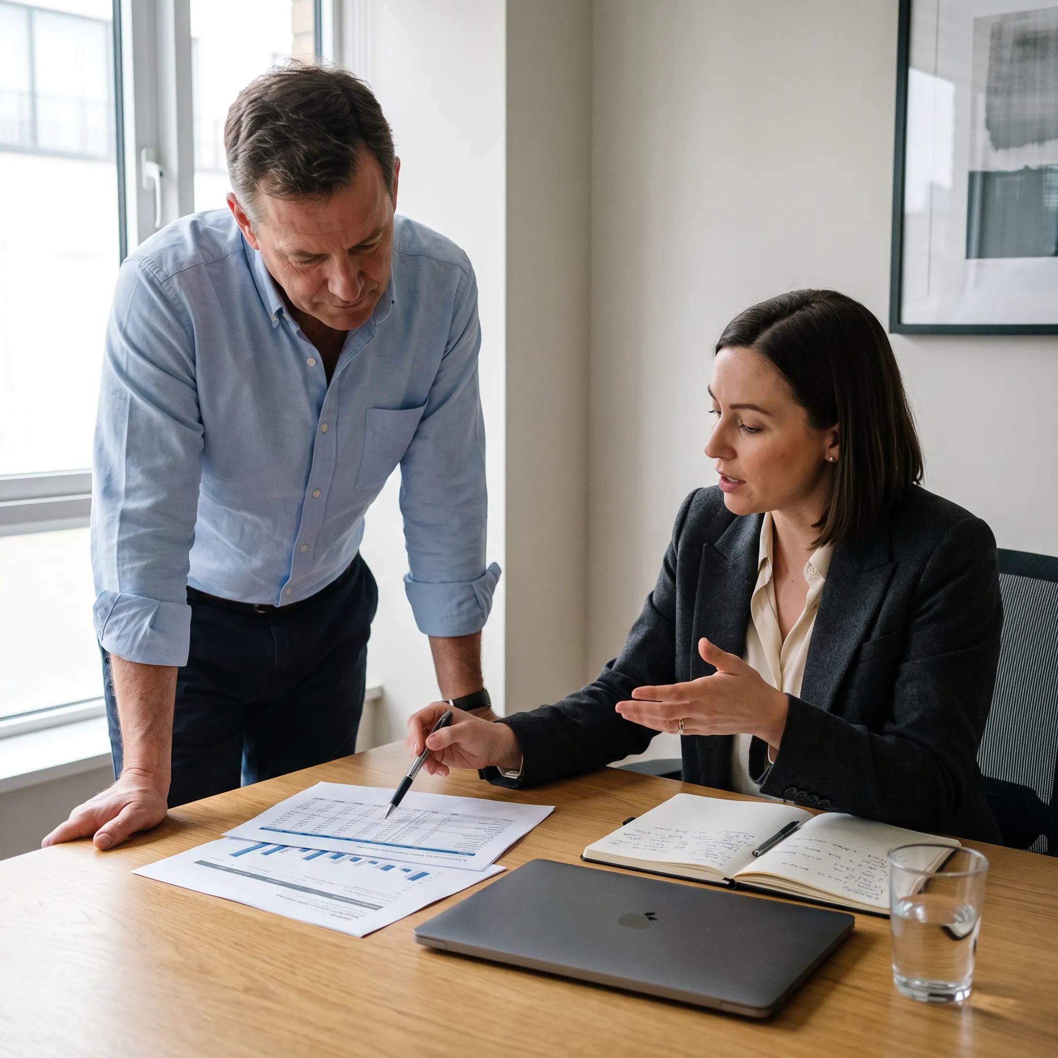 Business owner reviewing small business financing documents with an advisor