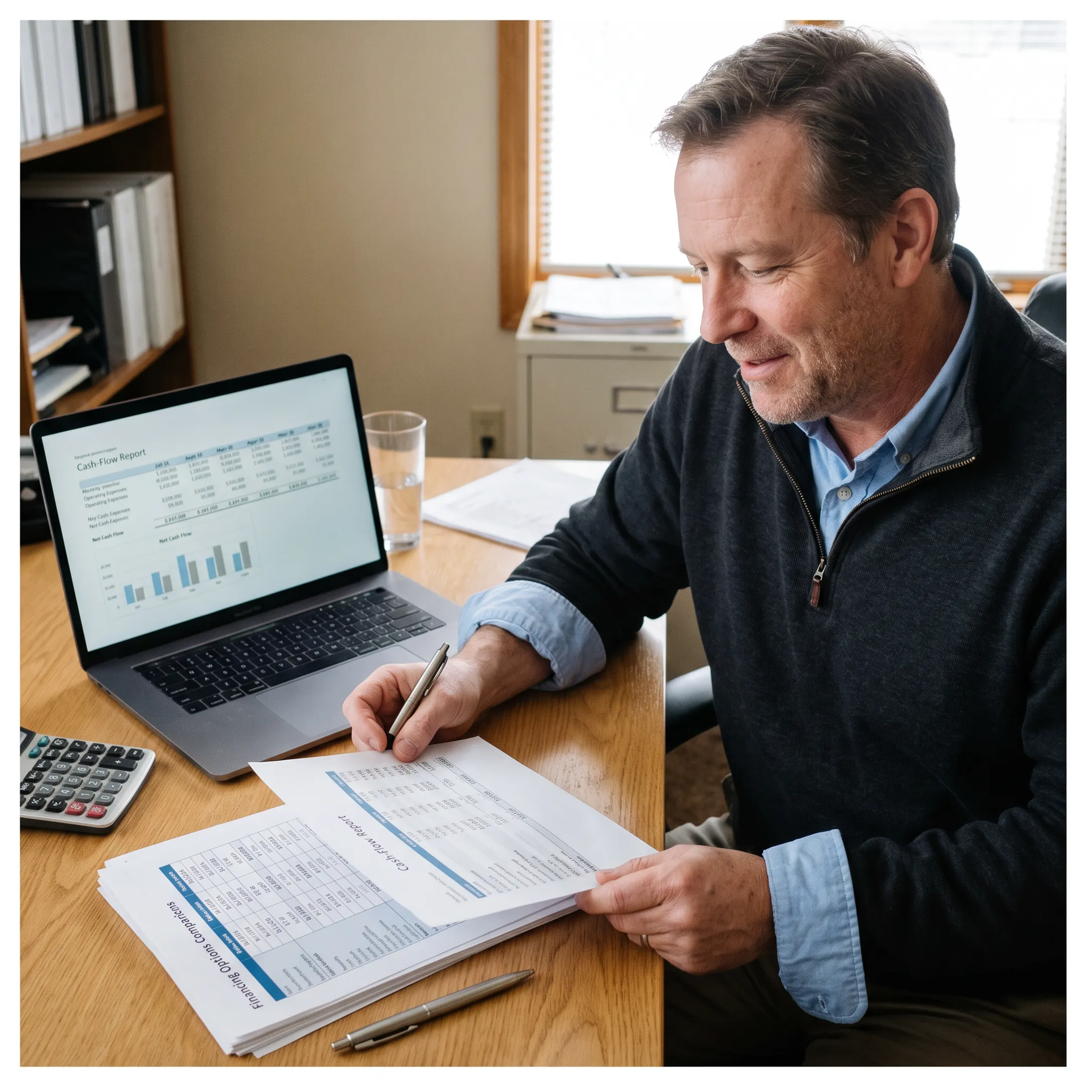 Business owner reviewing working capital financing documents
