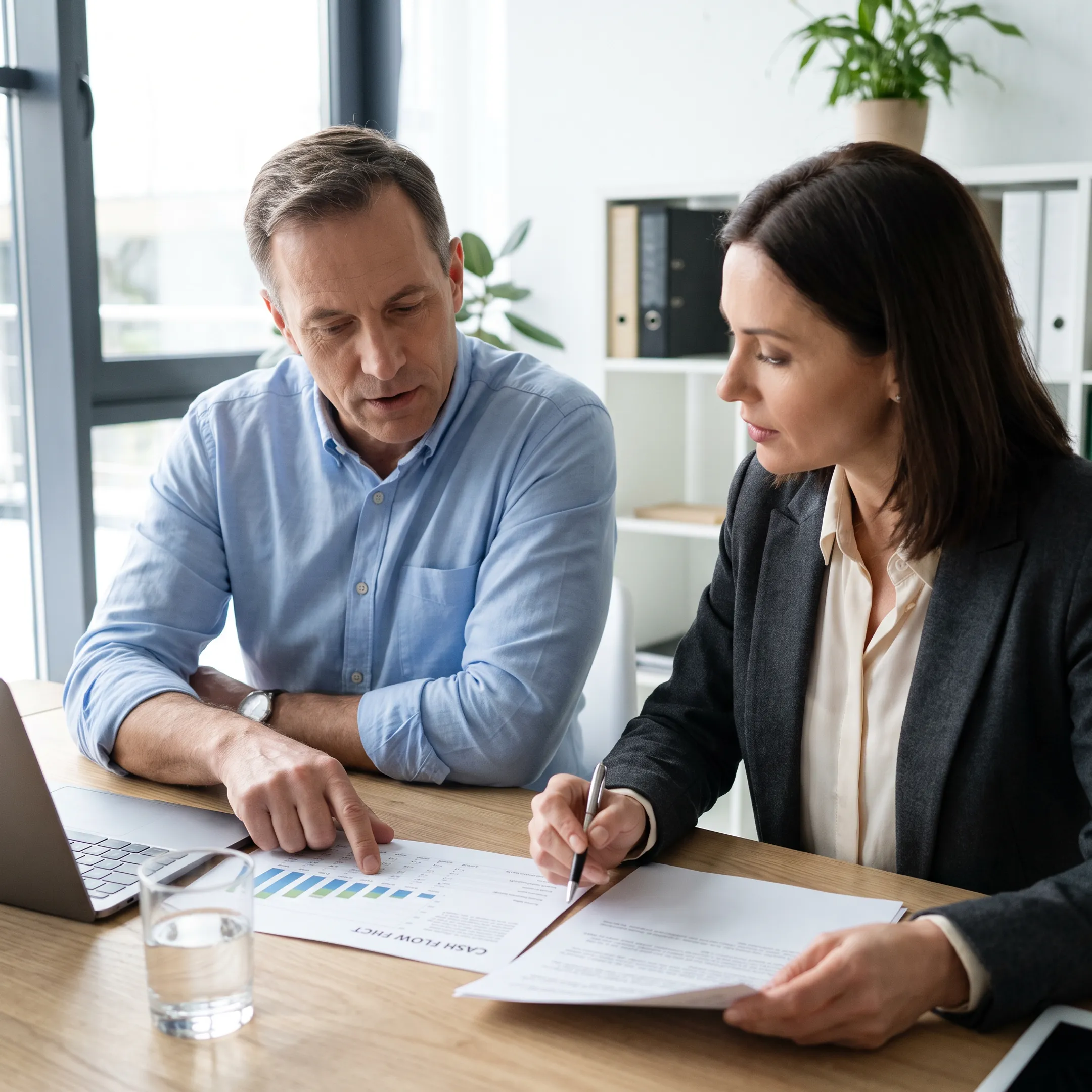 Business owner reviewing financing options with an advisor at a North Carolina office