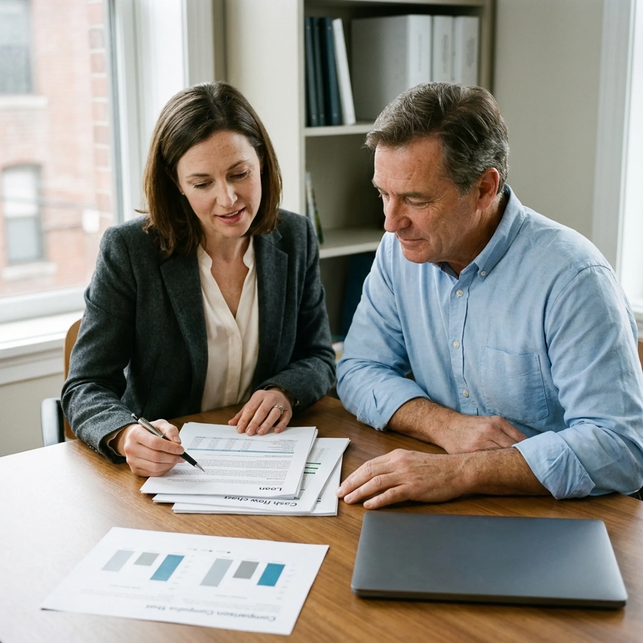 Business owner reviewing financing documents with advisor at a desk