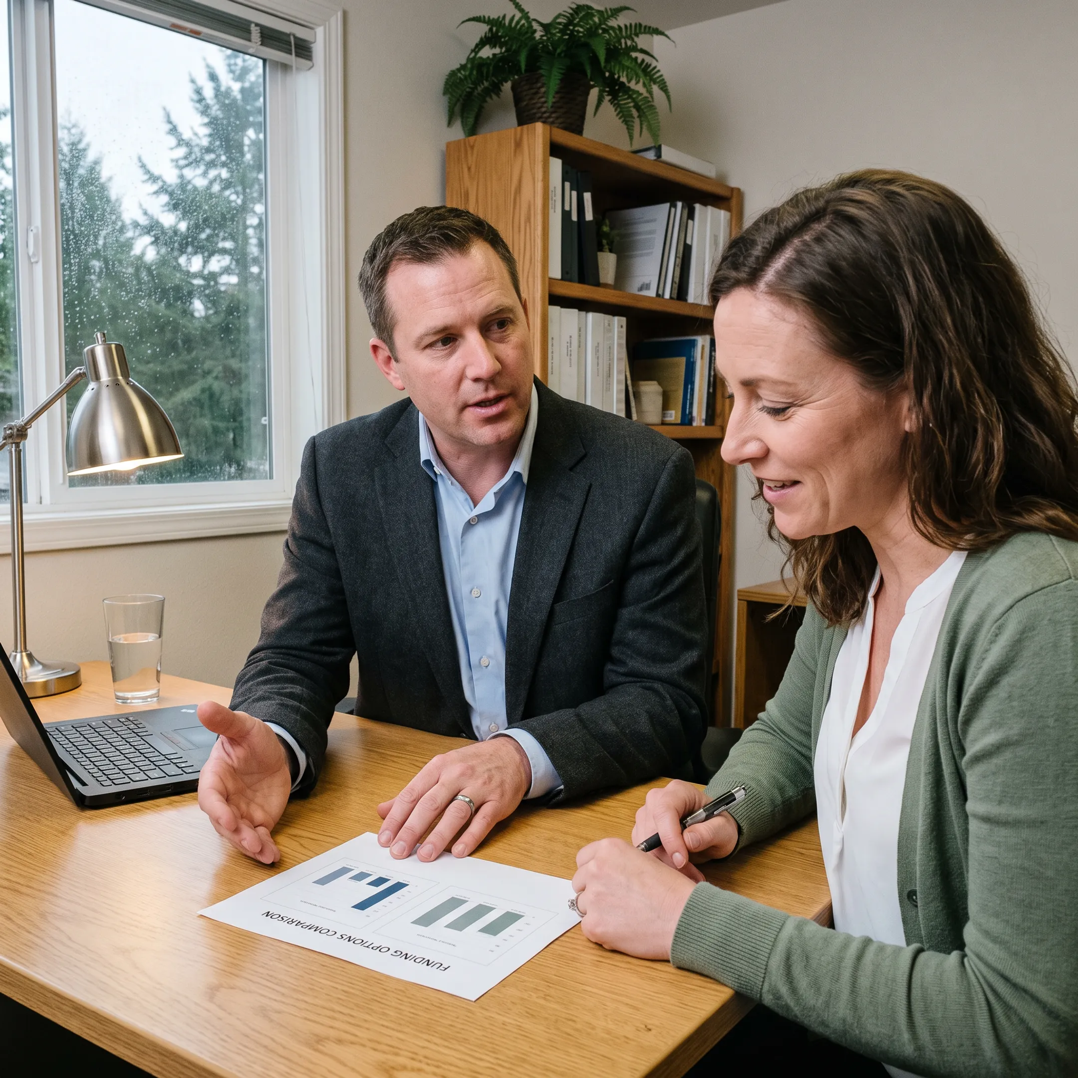 Business advisor explaining flexible financing options to an Oregon entrepreneur