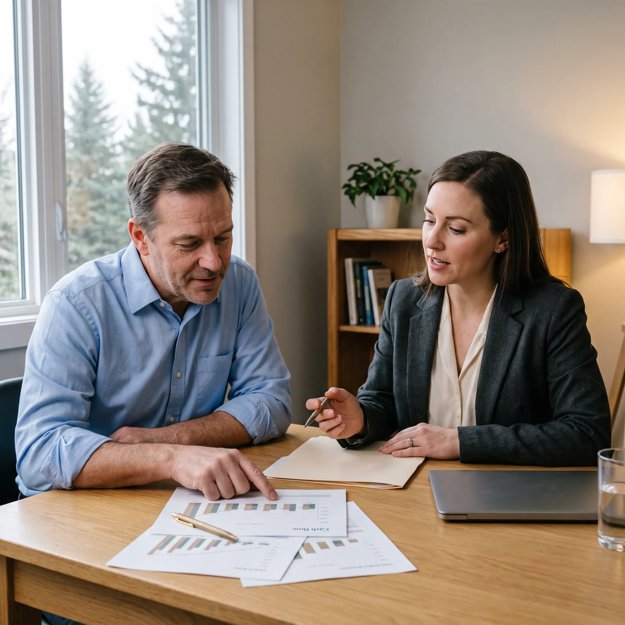 Oregon small business owner reviewing financing documents with an advisor