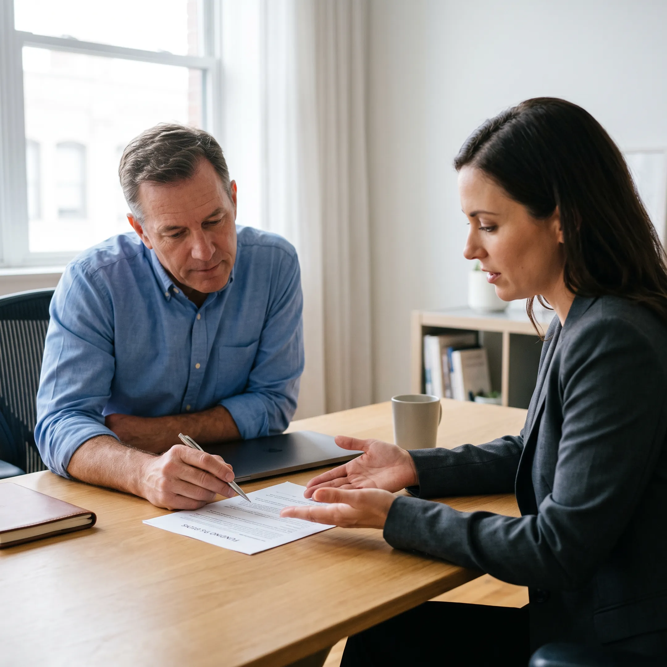 Business owner reviewing financing documents with an advisor