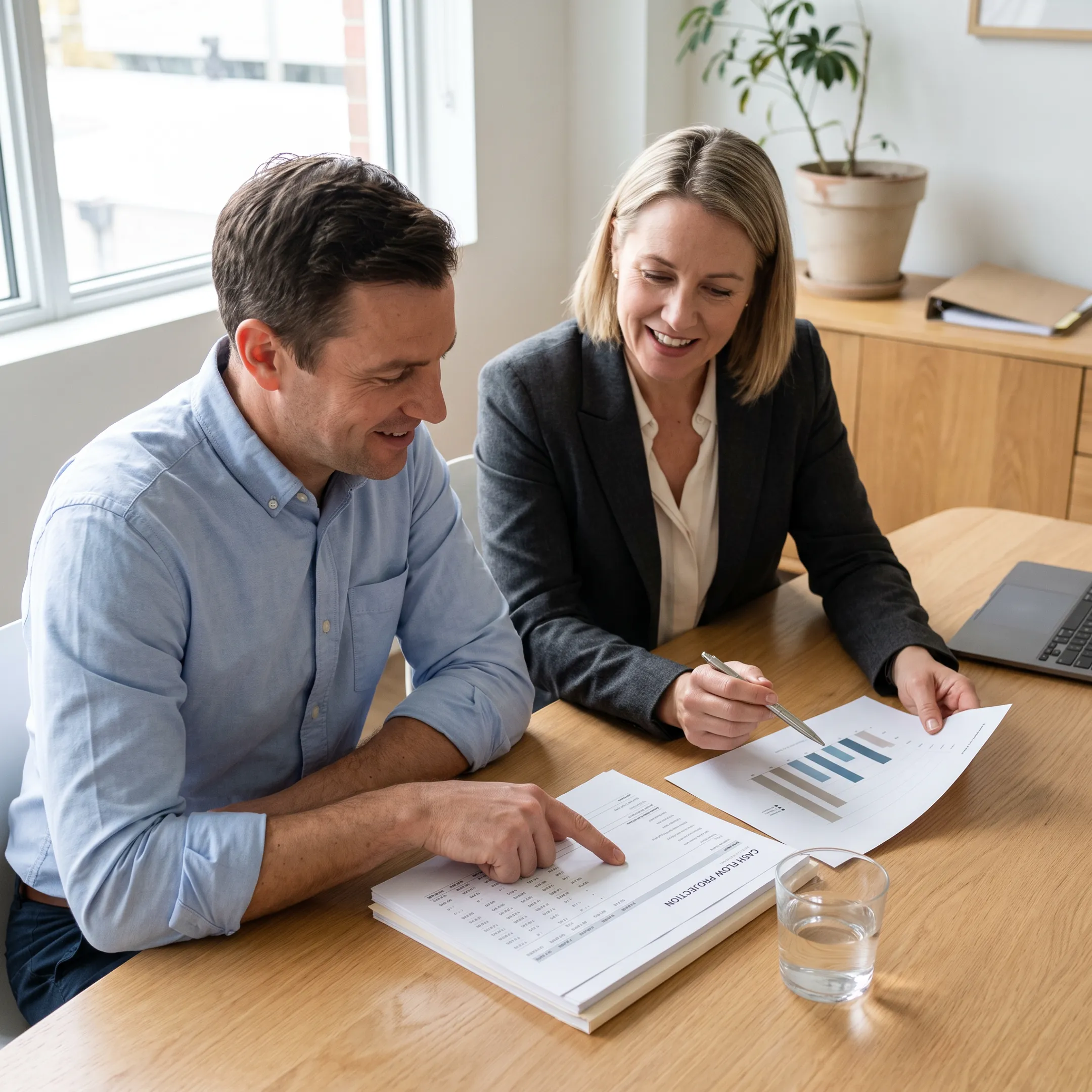 Business owner reviewing financing options with an advisor at a desk