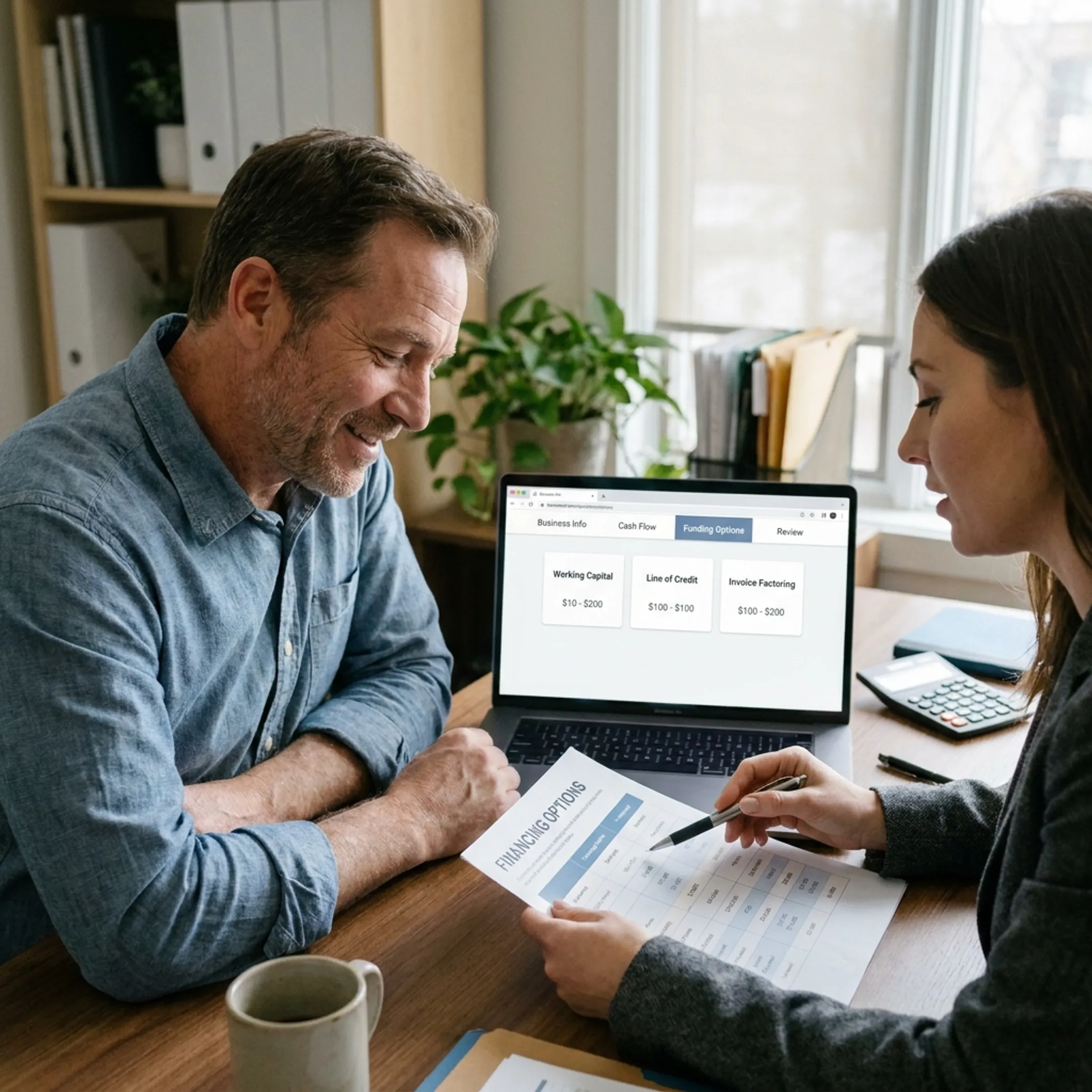 Business owner reviewing online financing options with a financial advisor