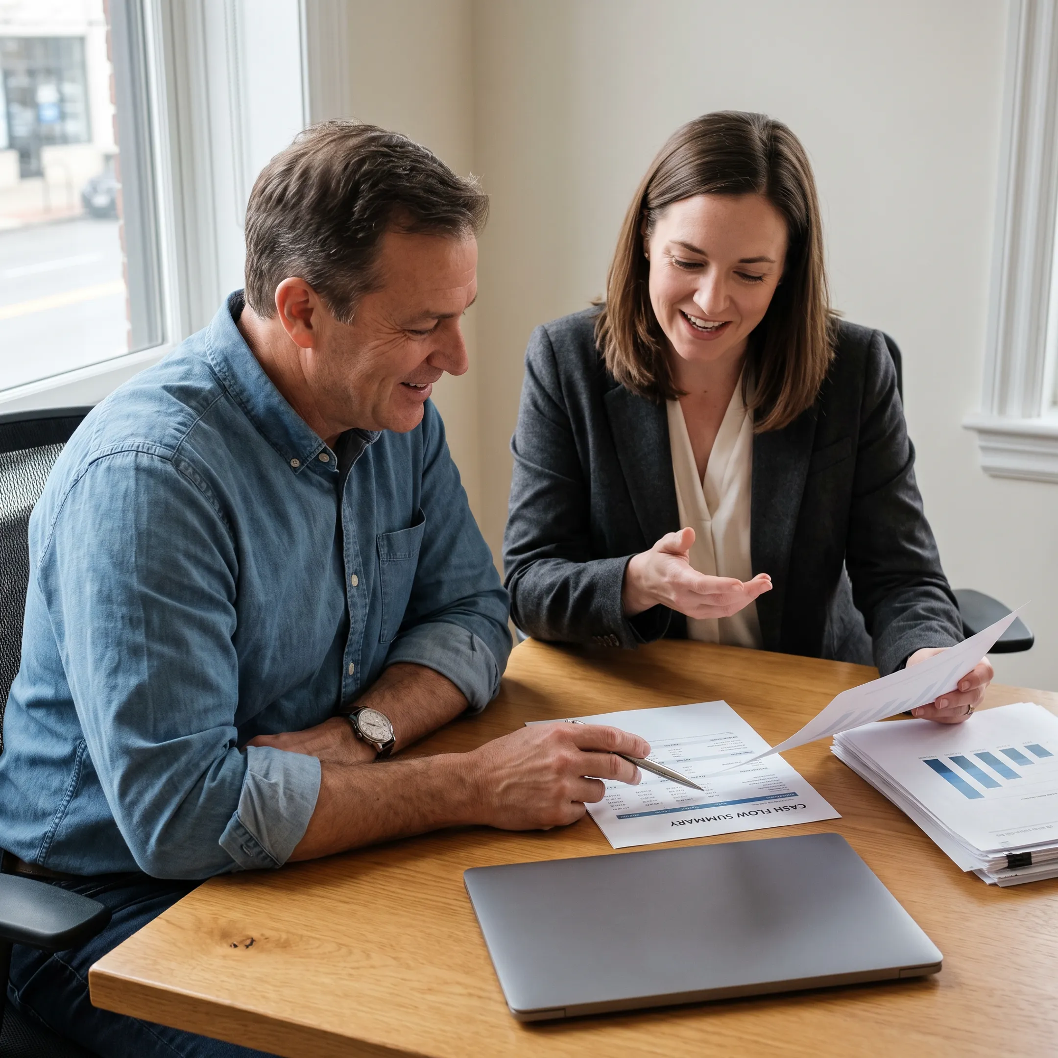 Small business owner reviewing term loan options with a financial advisor