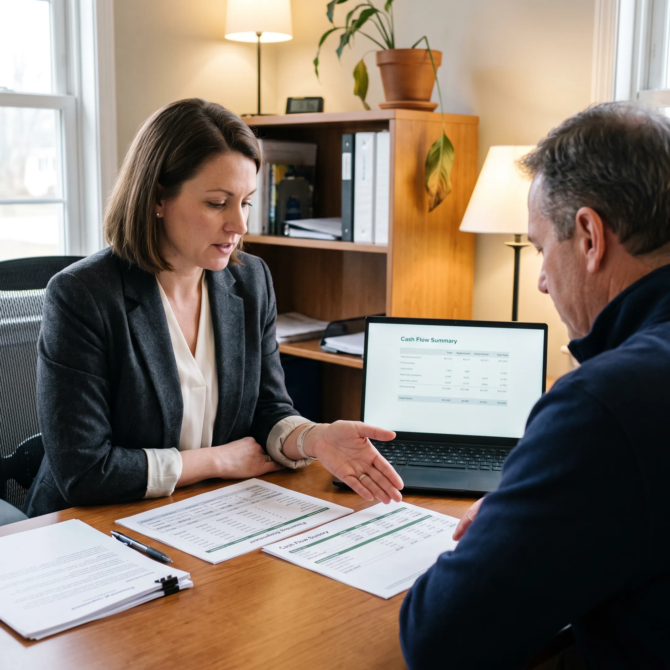 Advisor explaining flexible commercial financing options to a business owner