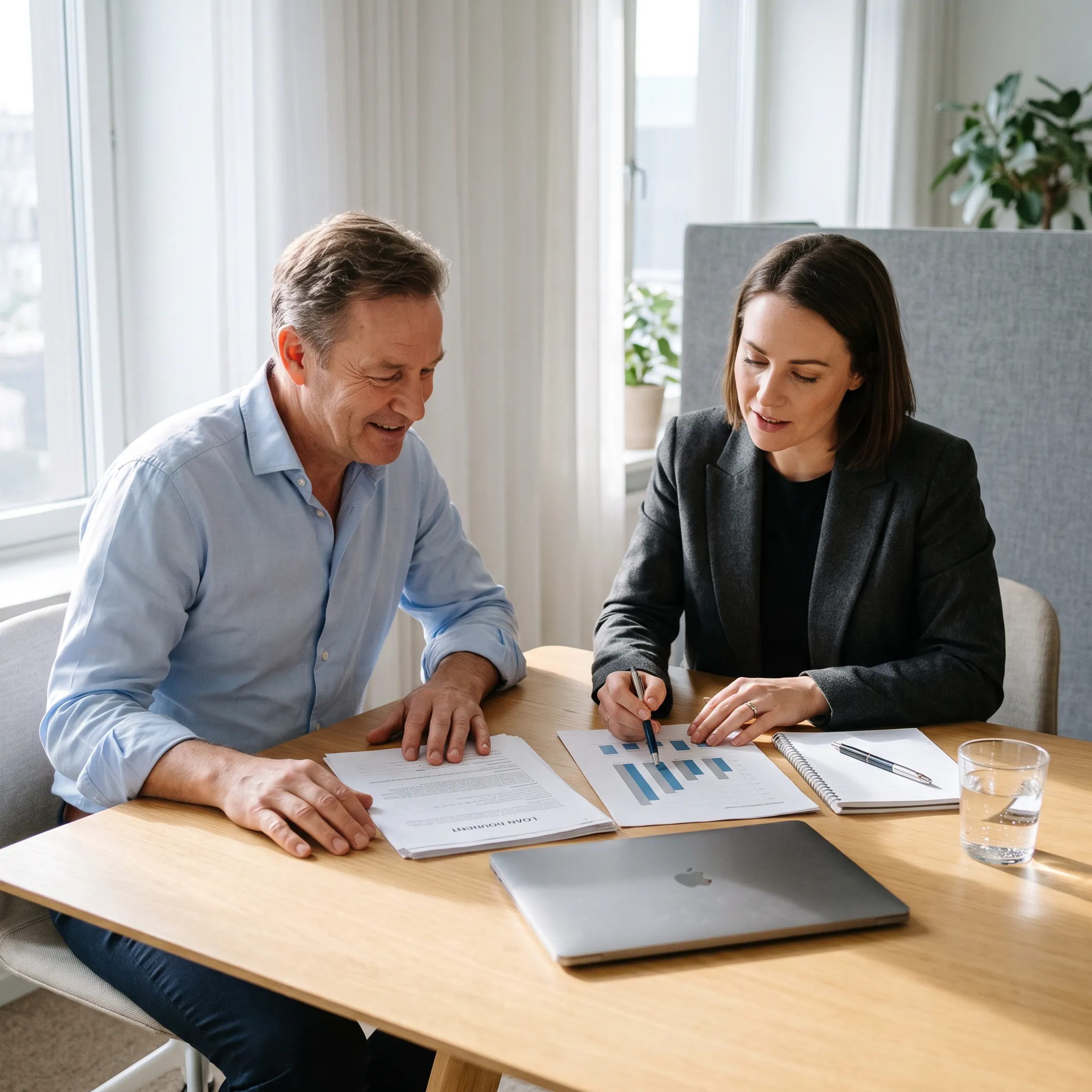 Business owner reviewing financing options with an advisor at a desk