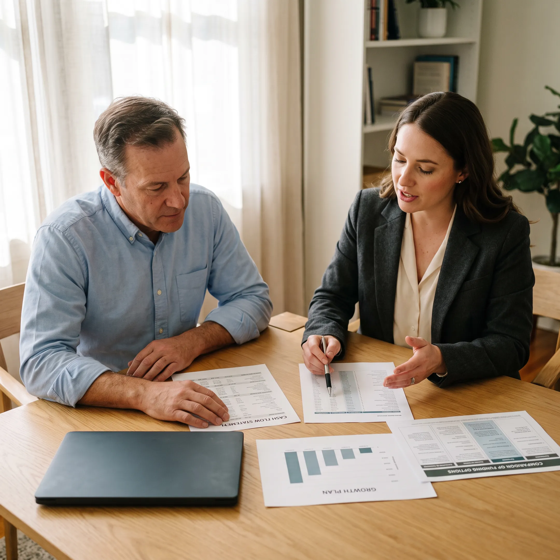 Business owner discussing working capital with financing specialist