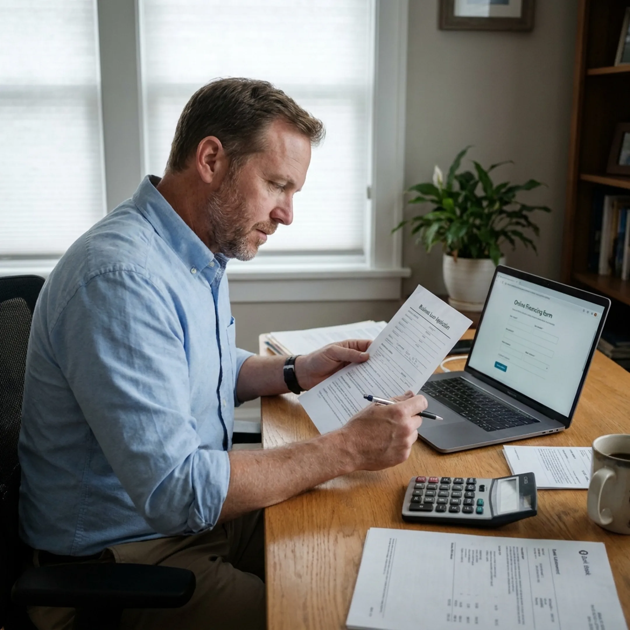Small business owner reviewing online loan options on a laptop