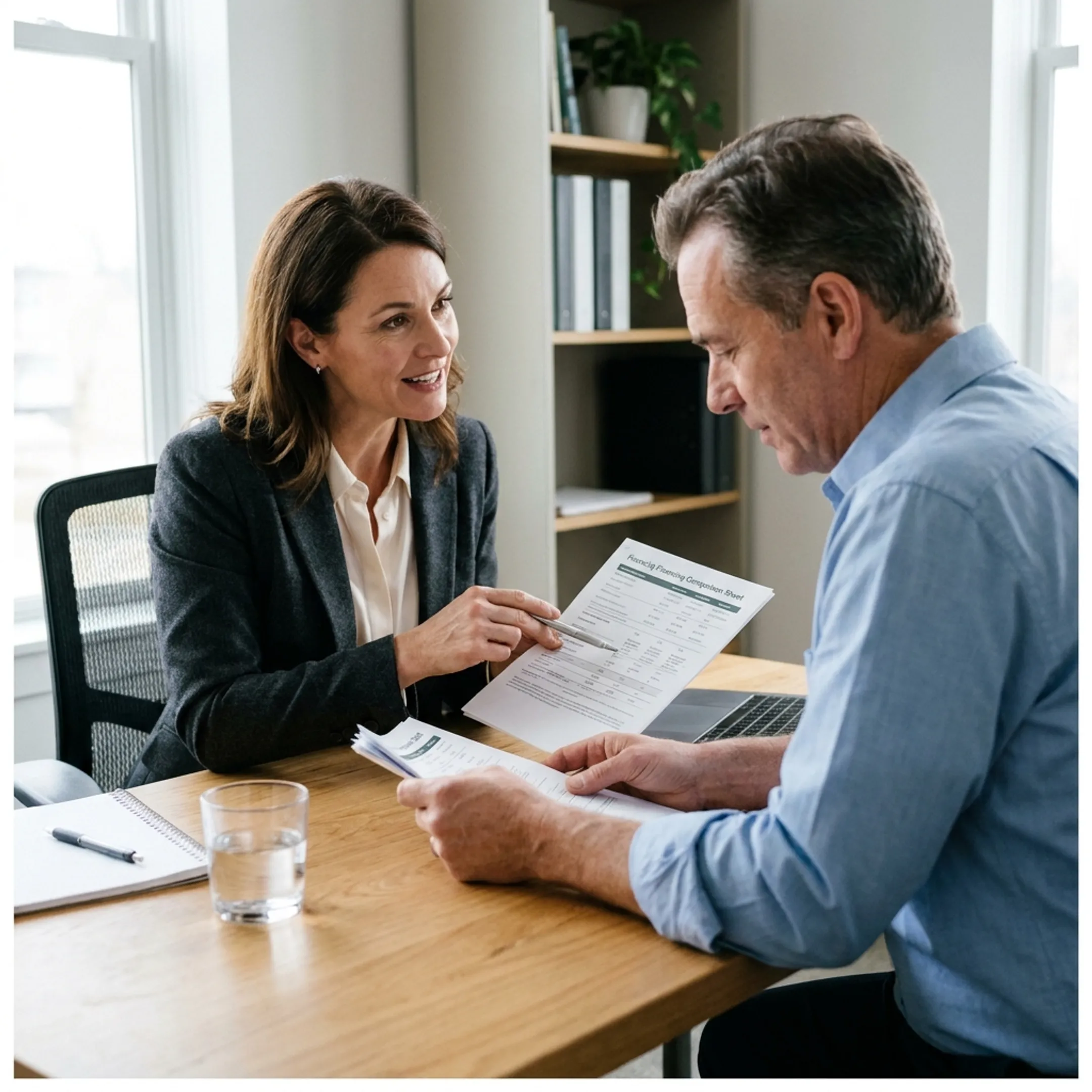 Advisor explaining small business financing choices to an owner