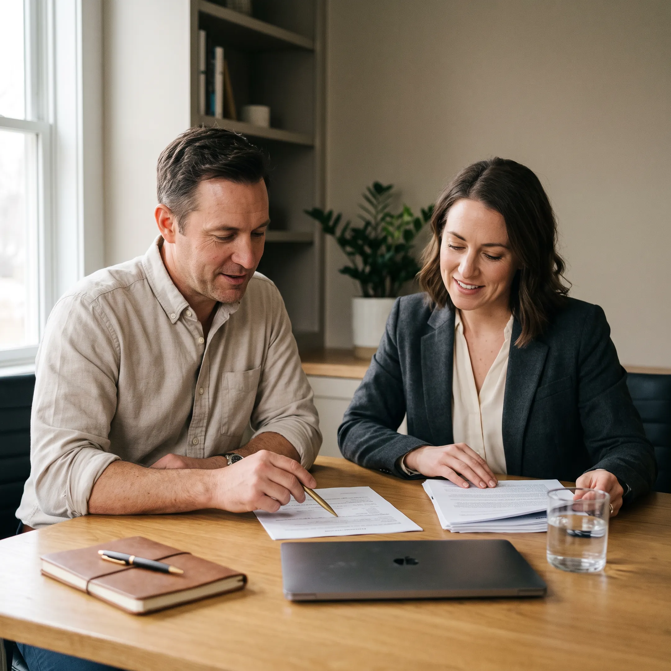 Small business owner reviewing financing options with an advisor at a desk