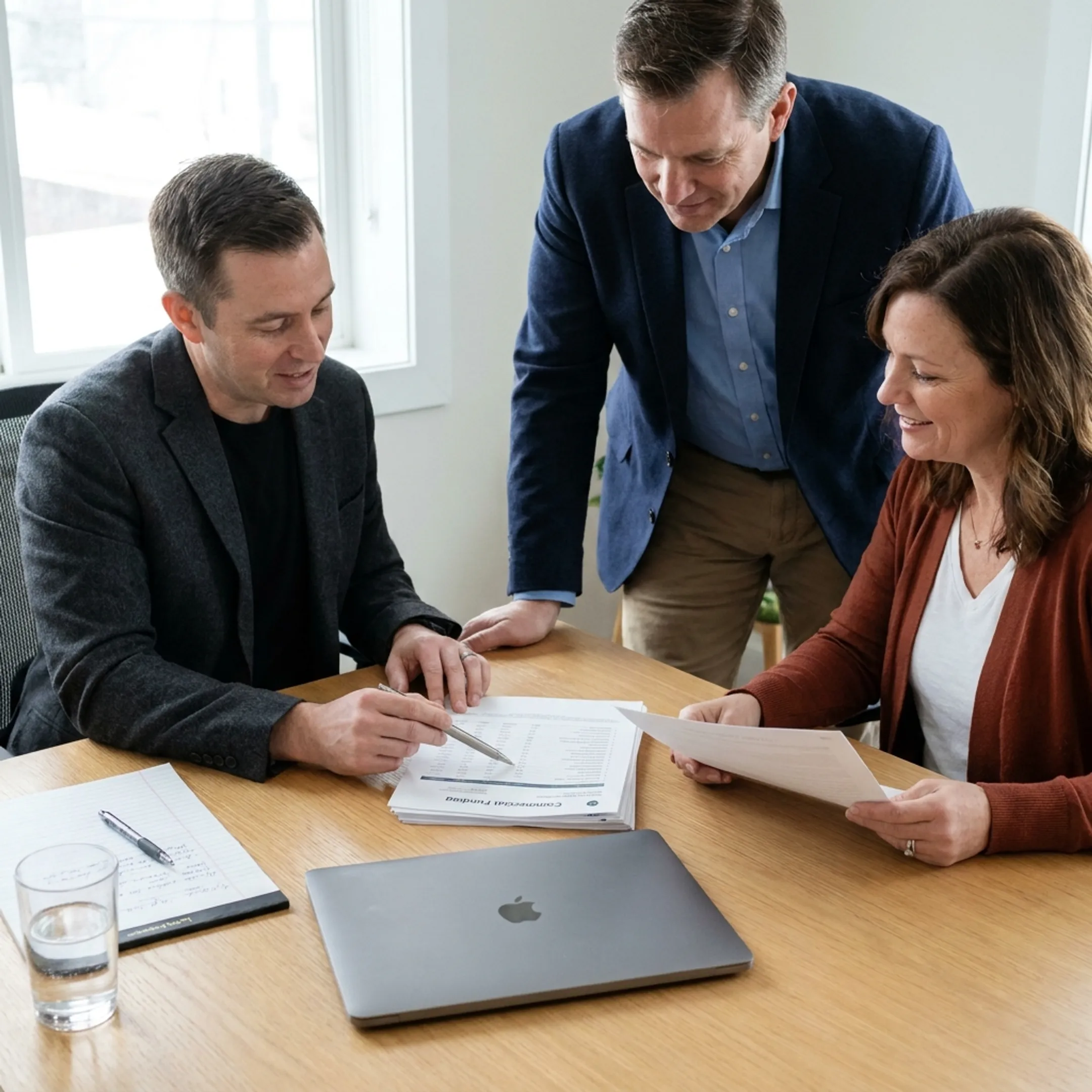 Business owners reviewing commercial finance options with an advisor