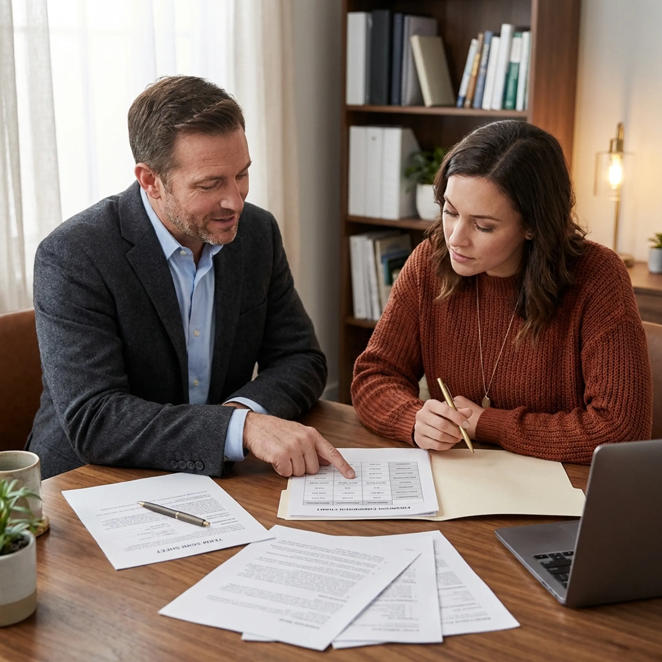 Advisor explaining business financing choices to an owner