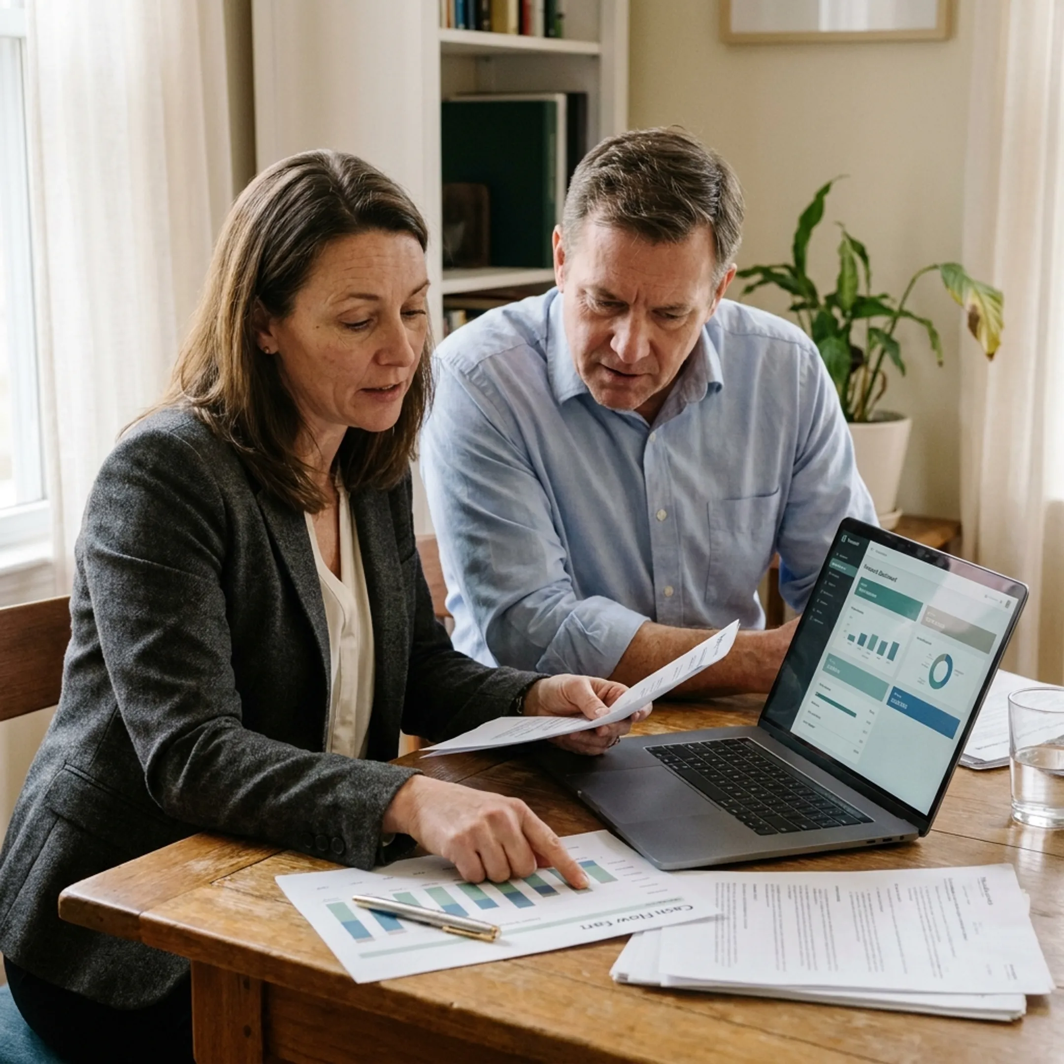 Advisor explaining business financing choices to an owner