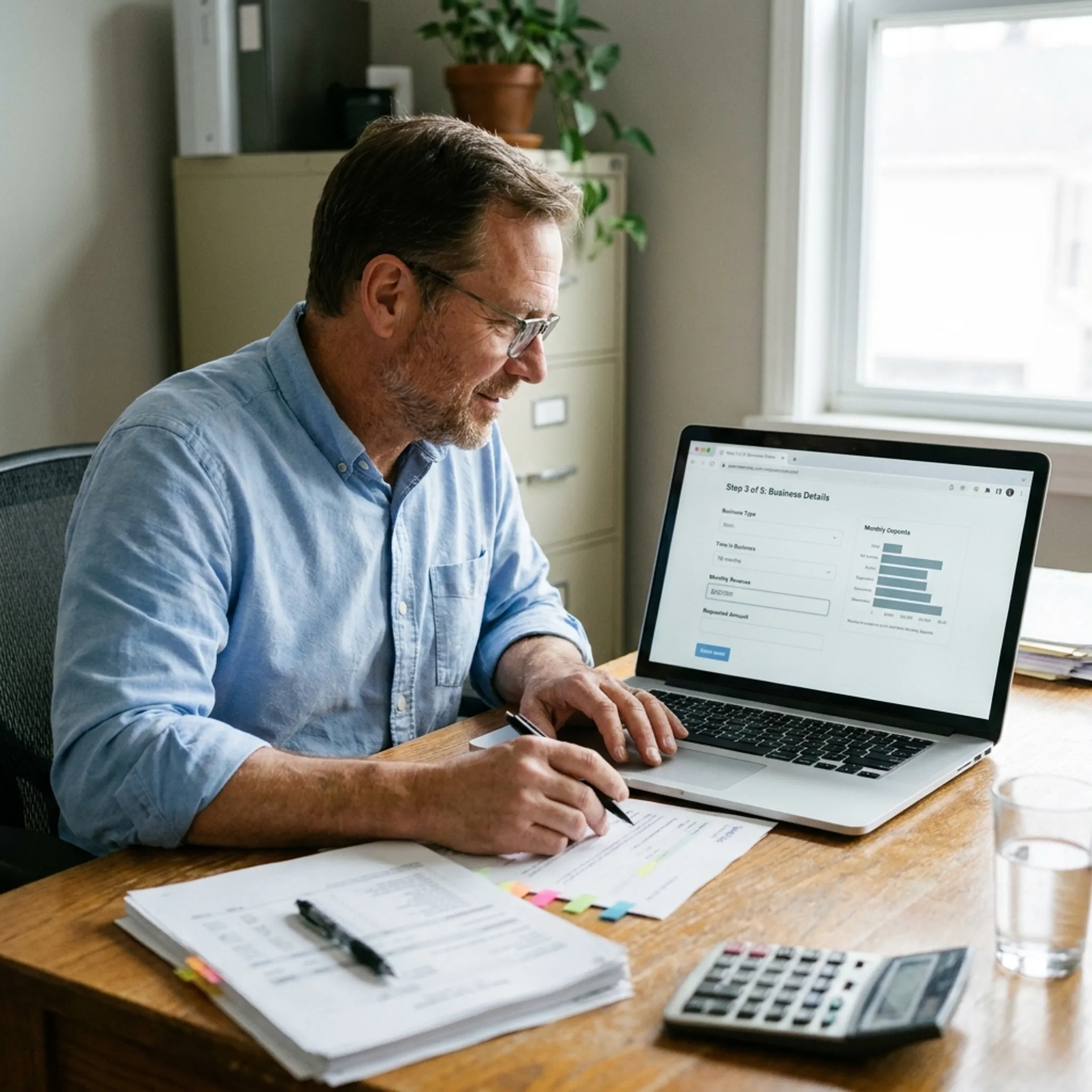 Business owner reviewing online financing options on a laptop