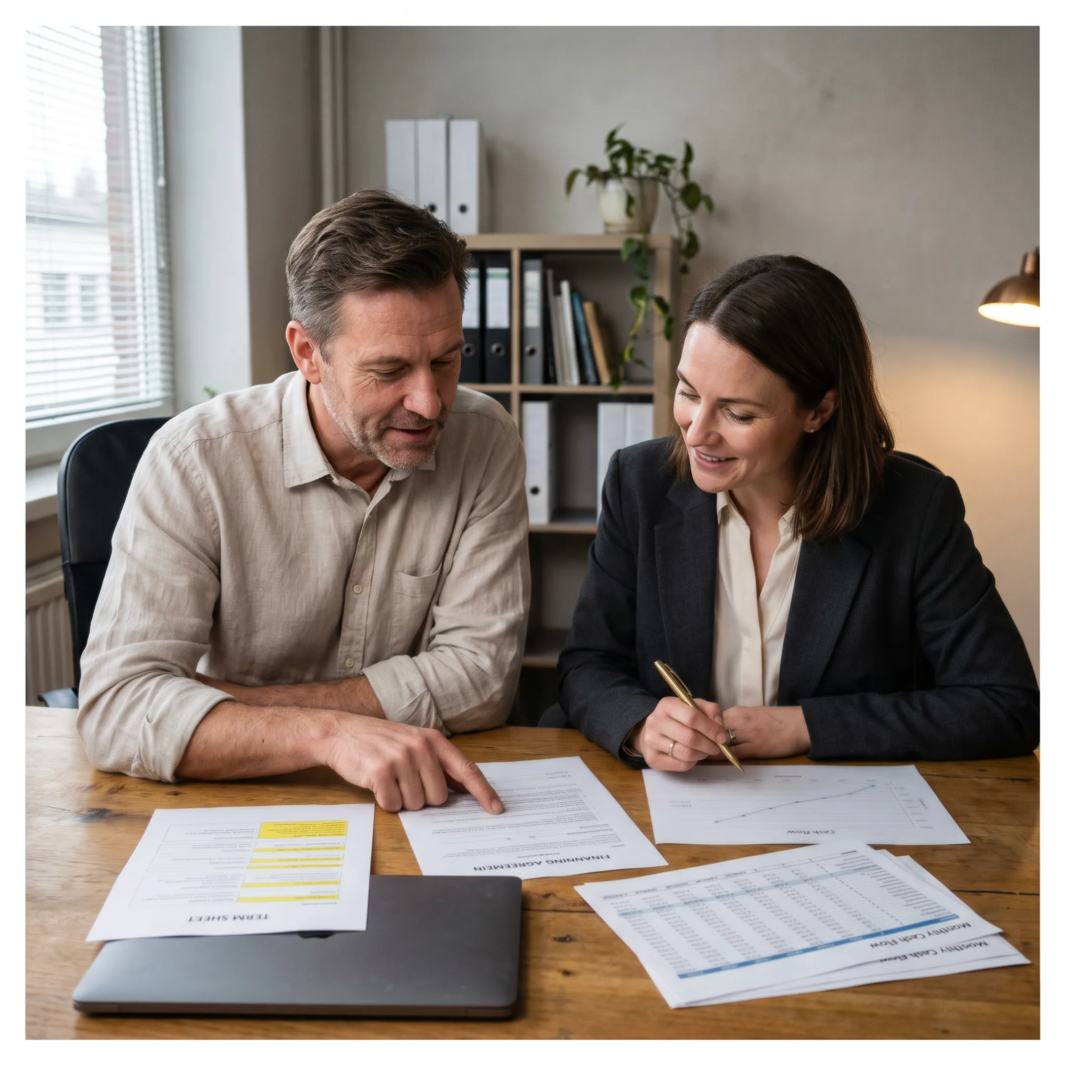 Business owner reviewing SME financing documents with a financial advisor