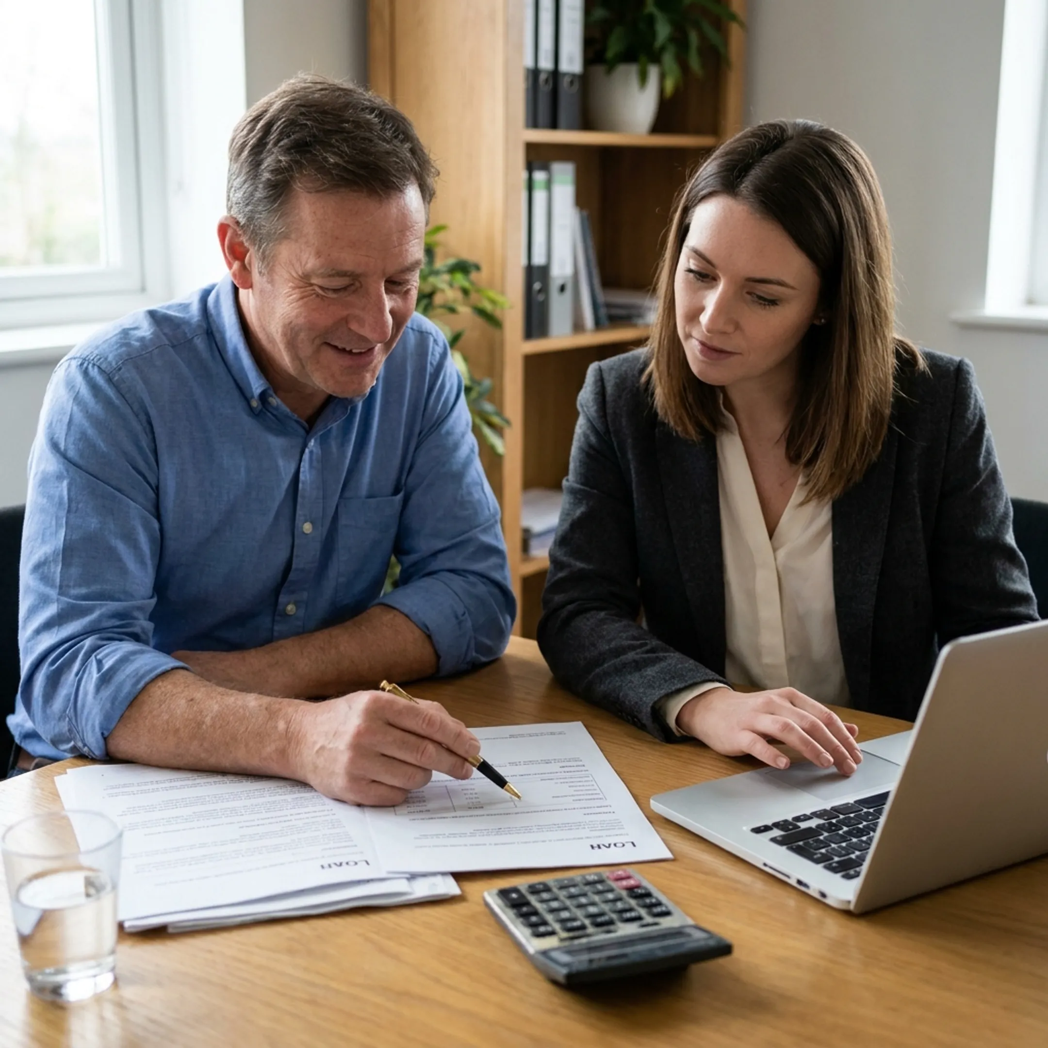 Small business owner reviewing financing documents with an advisor