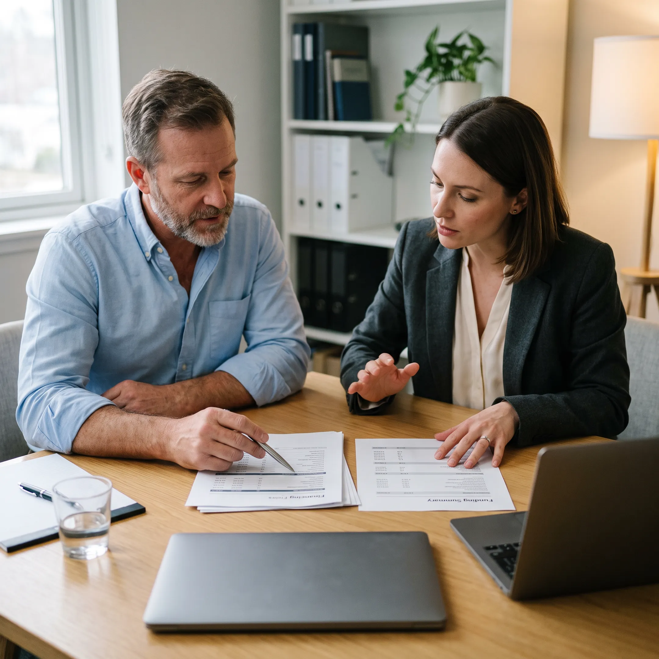 Business owner reviewing funding options with an advisor at a desk