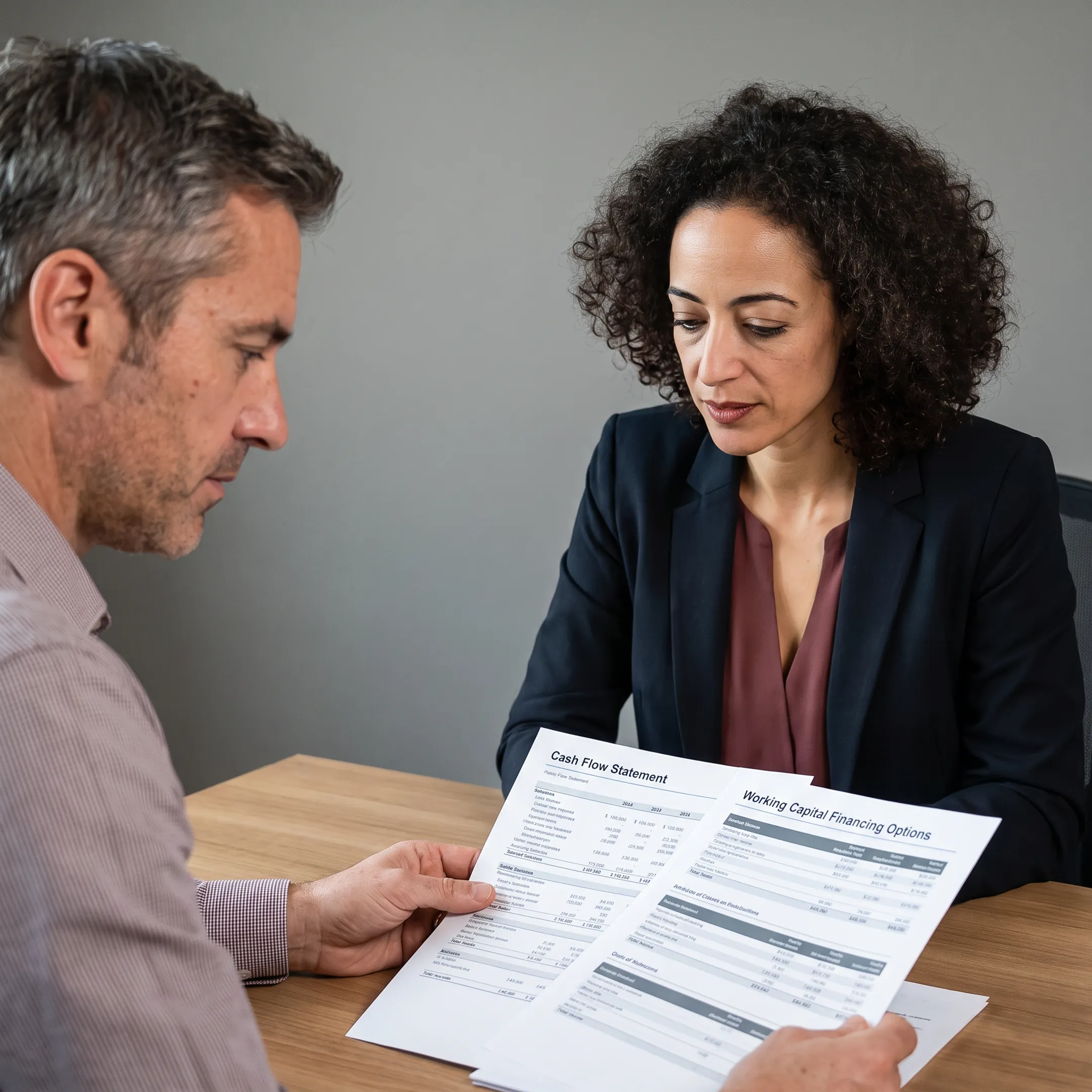 Small business owner reviewing working capital funding options with a financial advisor