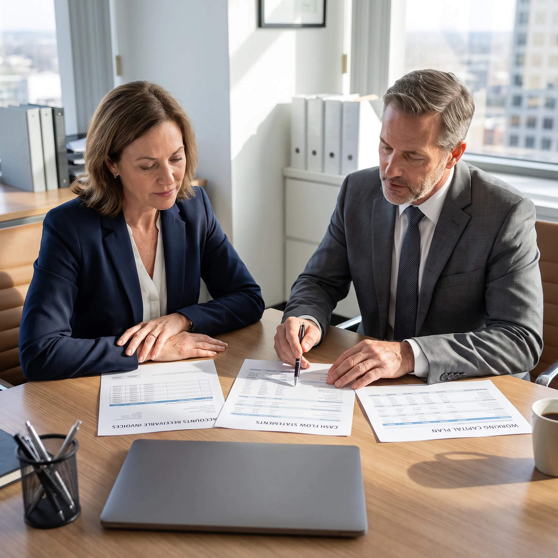 Business owner reviewing unpaid invoices and cash flow documents with a financial advisor