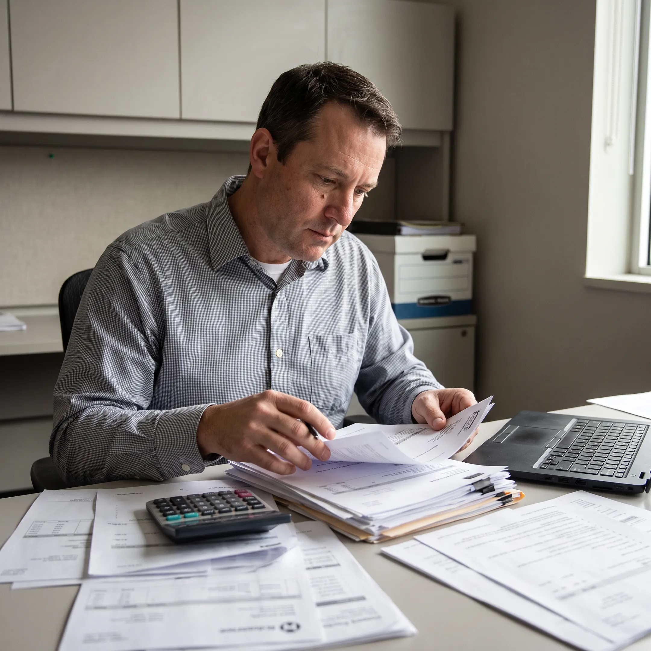Roofing contractor organizing invoices and project expenses