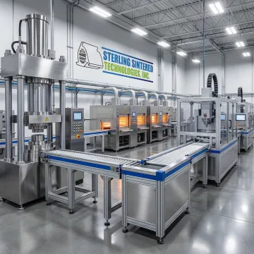 Step-by-step powder metal manufacturing process showing compacting, sintering, and finishing operations