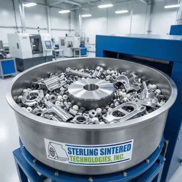 Industrial vibratory finishing equipment processing metal parts with polishing media