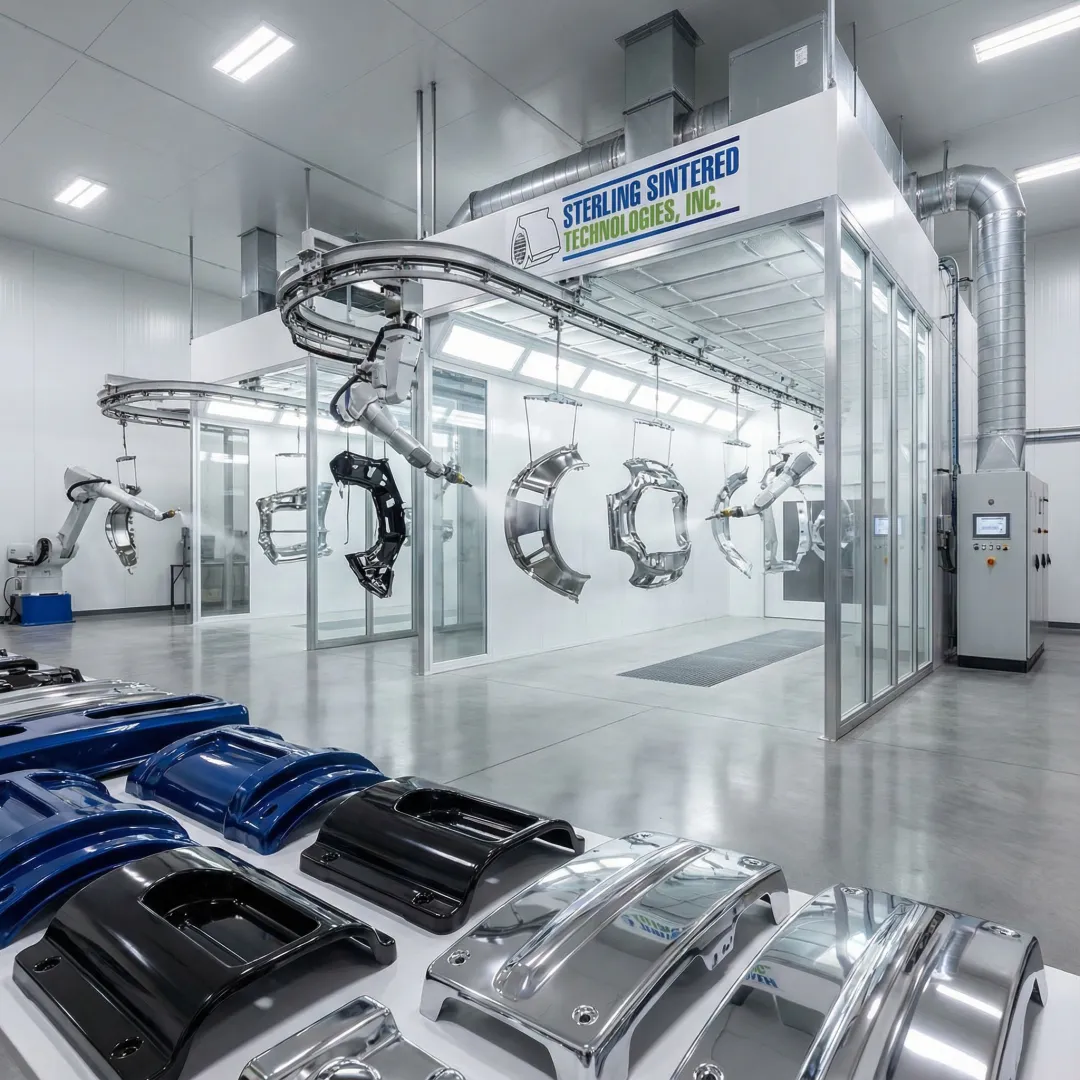 Precision industrial coating equipment and finished coated metal parts