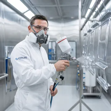 Industrial metal coating application process in modern manufacturing facility