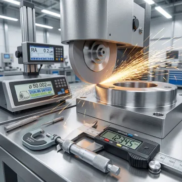 Precision grinding operation on industrial component with measurement tools