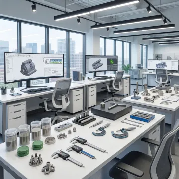 Advanced powder metal engineering and design workspace with precision tools and components