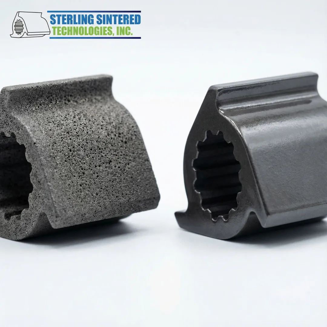 Close-up view of powder metal parts before and after resin impregnation treatment