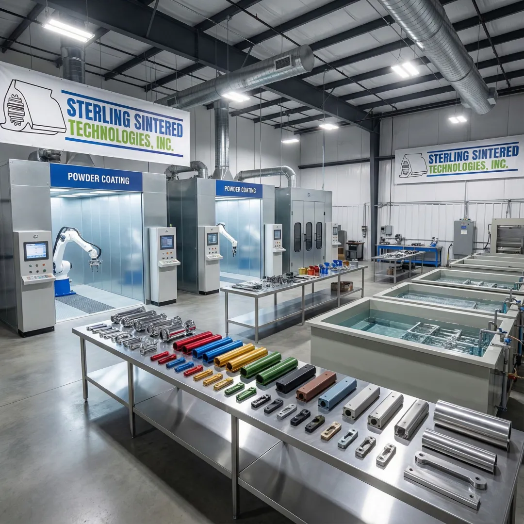 Professional metal finishing facility with powder coating booth and plating tanks