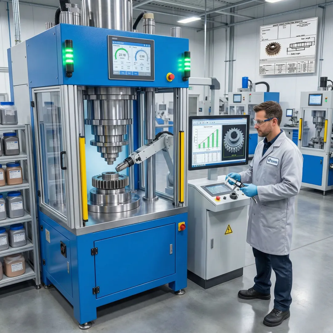Precision powder metal components being manufactured on industrial compacting press