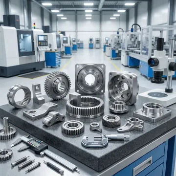 Precision machined metal components and powder metal parts on manufacturing workbench