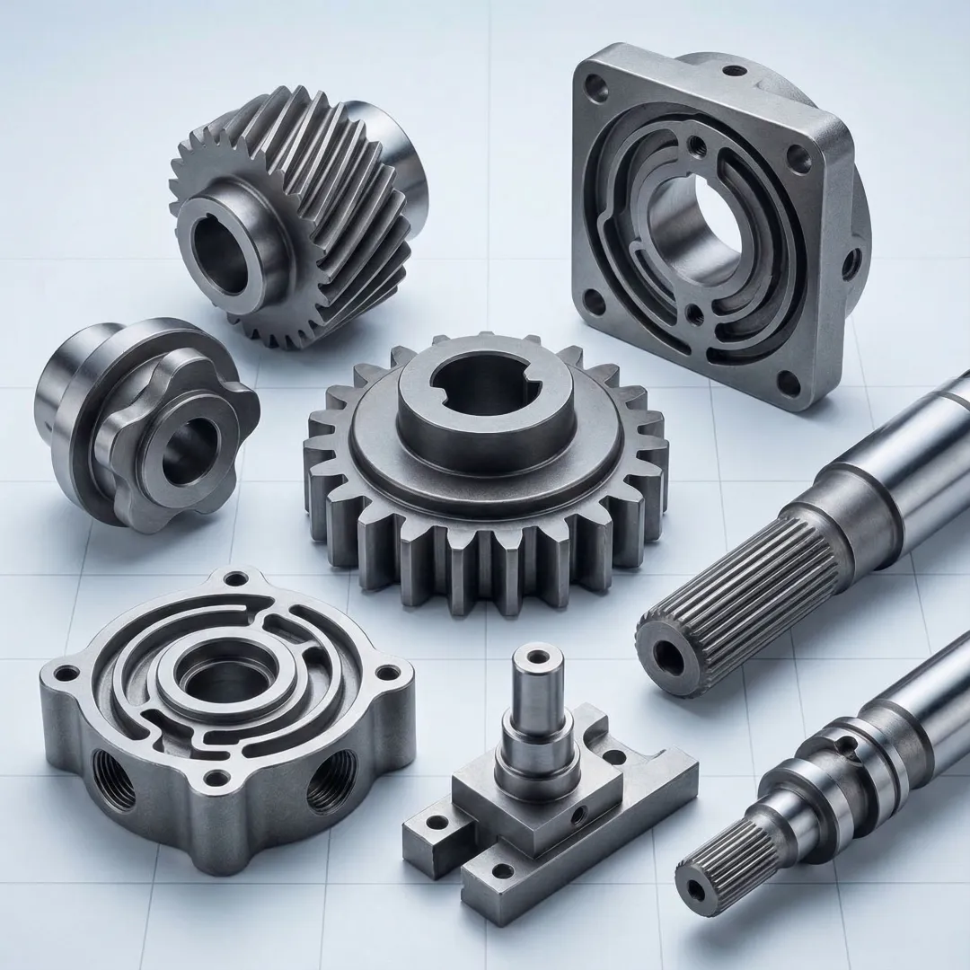 Precision powder metal components and custom tooling displayed on manufacturing table